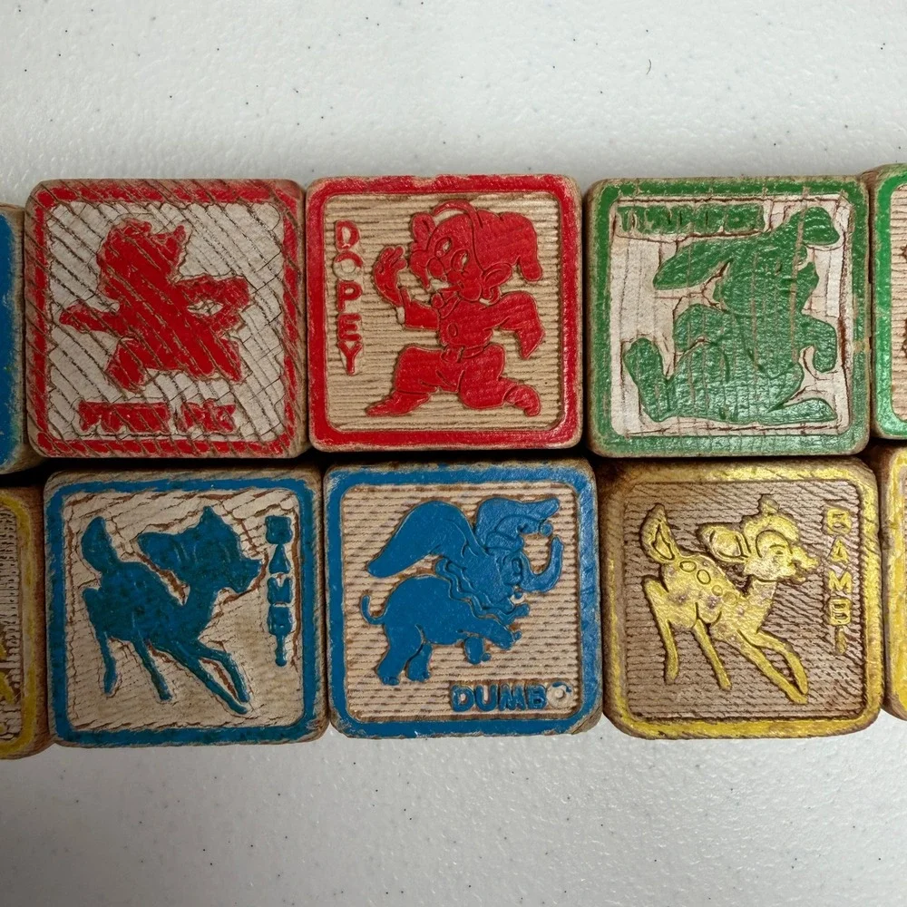 Disney Vintage Wooden Alphabet Blocks Mickey Dumbo Tinker Bell 16pc Set Nursery